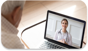 A smiling young doctor engaging with a patient in a virtual setting.